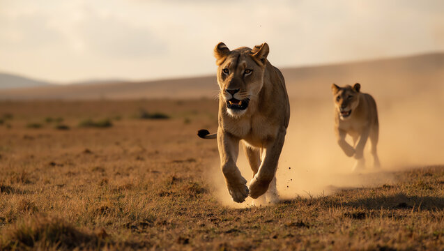 Hyper-realistic 8K image of wild lions running across the savanna at golden hour. Dramatic lighting, dust clouds, and detailed muscular anatomy capture the power, realism, and majesty of these predato