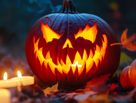 Nahaufnahme eines geschnitzten Halloween-K&uuml;rbis mit gruseligem Grinsen, von innen leuchtend, neben flackernden Kerzen und Herbstbl&auml;ttern &ndash; stimmungsvolle Halloween-Dekoration