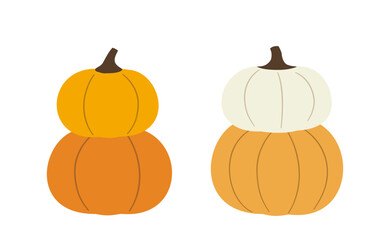 Hand drawn autumn harvest pumpkin clipart.
Set of fall stacked orange and white pumpkins flat stock vector illustration.
Farm fresh pumpkin.
White background.
