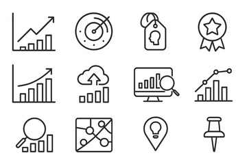 Marketing Icon Set. Line style icons of marketing trend analysis: trendline growth chart, market shift radar, consumer insights