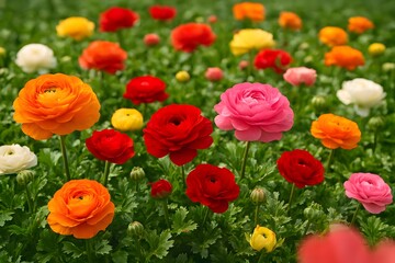 Naklejka premium Ranunculus Garden in Full Bloom – Vibrant Multicolor Floral Wallpaper for Nature & Celebration 