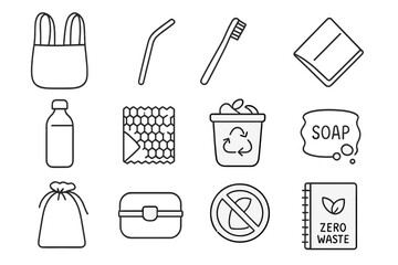Zero Waste Icons. Line style icons of zero waste lifestyle: reusable shopping bag, metal straw icon, bamboo toothbrush, cloth