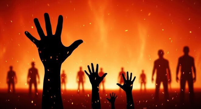 Silhouettes of people with raised hands in a fiery, hellish landscape with smoke and embers