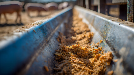 Naklejka premium Pig feed in trough at pig farm feeding system