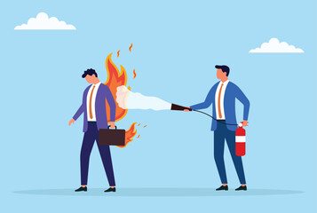 Fototapeta premium Vector illustration of a businessman using a fire extinguisher to put out flames on another businessman, symbolizing crisis management, problem solving, and workplace support 