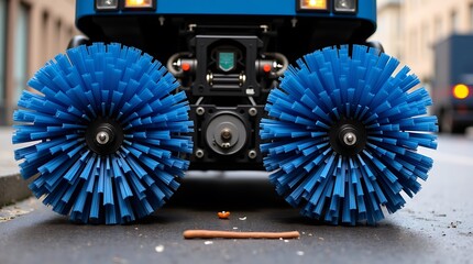 Close up front view of a large industrial street sweeping machine with two large blue rotating brushes ready to clean a city street