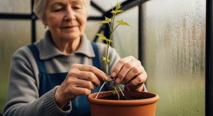 Elderly caucasian woman gardening in greenhouse with potted plant