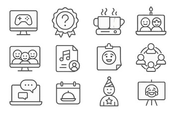 Virtual Team Bonding Icons. Line style icons of virtual team bonding: online game icon, fun quiz badge, remote coffee break tag,