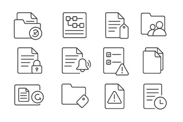 File Management Icons. Line style icons of file and version management: folder with versions icon, naming convention chart,