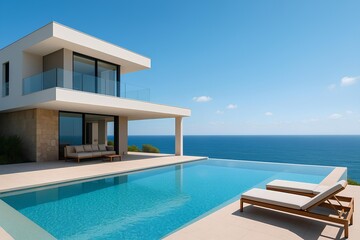 Fototapeta premium Modern villa with infinity pool blending into sea view