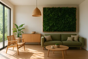 Modern eco-friendly home interior with sustainable materials, green wall, and natural sunlight