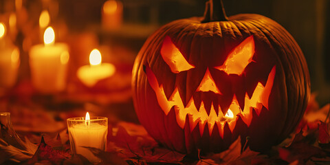 Nahaufnahme eines geschnitzten Halloween-K&uuml;rbis mit gruseligem Grinsen, von innen leuchtend, neben flackernden Kerzen und Herbstbl&auml;ttern &ndash; stimmungsvolle Halloween-Dekoration