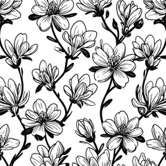 Jasmine Flower Doodle Pattern, bold thick solid black hand-drawn jasmine blossoms with organic curves, minimal high-visibility line art, plain white background, repeatable vector for perfume packaging