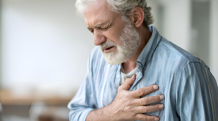 Senior man suffering from chest pain at home