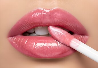 Close-up of perfect glossy pink lips receiving a smooth application of lip gloss from a wand.