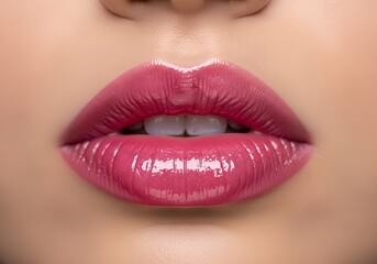 Fototapeta premium Close up of sensual luscious pink glossy lips with teeth visible and reflecting light