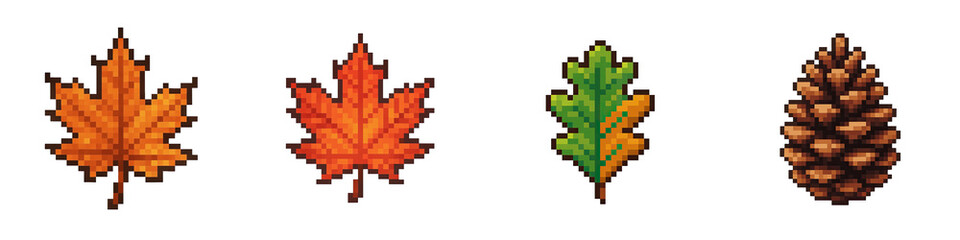 Pixel art features seasonal festive autumn leaves and pine cone in warm colors perfect for thanksgiving design