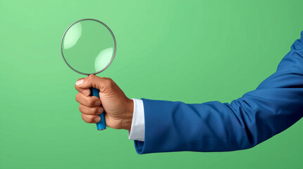 hand holds big magnifying glass lens. Business of business isolated on green background