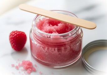 Natural raspberry lip scrub in jar with wooden applicator and fresh berry close up