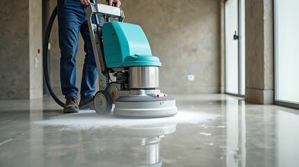 Professional cleaner using a floor polishing machine to buff and shine a concrete floor in a modern building with large windows