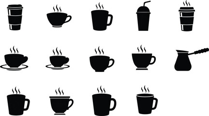 Coffee cup silhouette icon set, black vector mugs and steam cups, hot beverage illustration, café drinkware graphic, espresso design