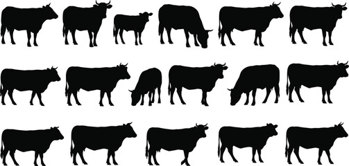 Cow and calf silhouette set, black vector livestock icons, grazing and standing poses, farm animal illustration, agricultural graphic design © IconicCreations