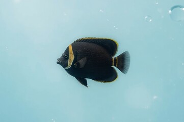 Black angelfish swims aquarium, bubbles background, pet