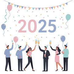 2025 New Year celebration, a flat minimalist vector illustration, features people cheering, confetti, and champagne glasses in soft pastel colors on a clean white background.