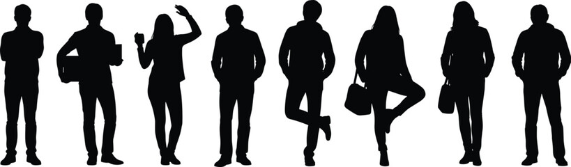 Standing people silhouette set, black vector icons of casual and professional poses, body language illustration, lifestyle and gesture graphic
