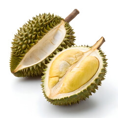 Fototapeta premium Durian fruit cut in half showing spiky shell and creamy flesh isolated on white photorealistic view