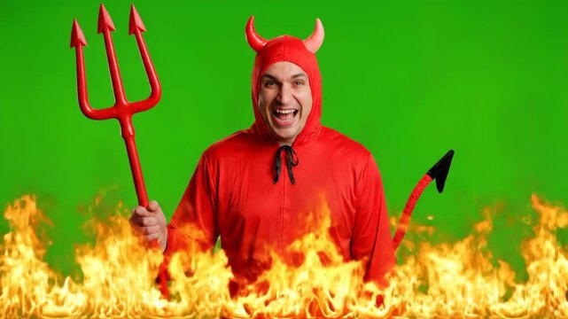 Devil Costume Man Laughing with Pitchfork - A man in a classic red devil costume, complete with horns, tail, and pitchfork, laughs wickedly against a green screen.