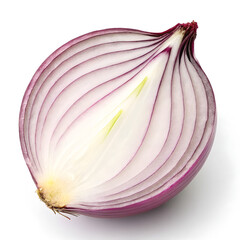 Fresh onion cut in half showing layered texture isolated on pure white photorealistic background