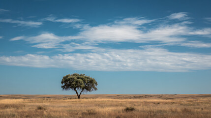 Obraz premium Lone tree stands majestically in a vast, golden landscape under a bright blue sky