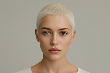 Blonde woman, short hair, studio portrait, neutral background, beauty