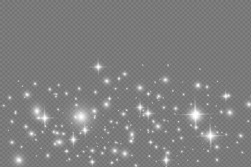 The dust sparks and white stars shine with special light. Vector sparkles on a transparent background. Christmas light effect.