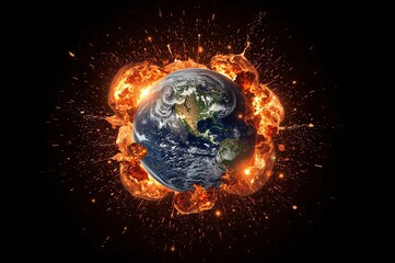 Burning Earth, space explosion, global disaster, climate change concept
