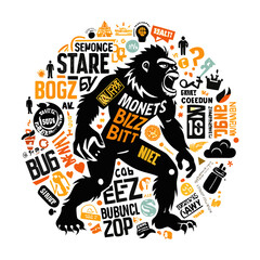 Creative Ape Silhouette Surrounded by Bouncing Startup Buzzwords Vector Design, Modern Business Concept Illustration for Entrepreneurs and Innovation Projects