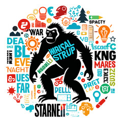 Creative Ape Silhouette Surrounded by Bouncing Startup Buzzwords Vector Design, Modern Business Concept Illustration for Entrepreneurs and Innovation Projects