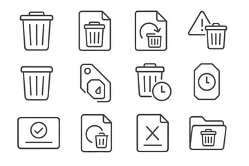 Data Deletion Icons. Line style icons of deleted and recovery: trash bin icon, recently deleted file, restore deleted file,