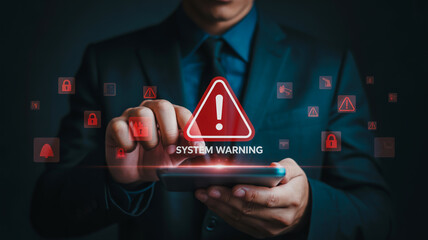 Businessman interacting with a digital interface displaying a prominent warning symbol and alert notifications on his smartphone