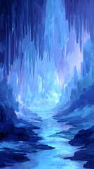 Stunning ice cavern illuminated by soft blue light revealing majestic formations and tranquil waters