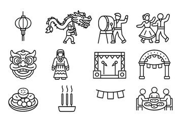 Cultural Festival Icons. Line style icons of cultural festivals: lantern icon, dragon dance, traditional drum, folk dance,