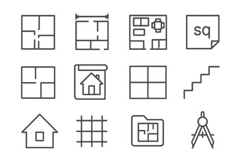 Blueprint Icon Collection. Line style icons of floor plans and blueprints: 2D floor plan, room measurement, furniture layout,