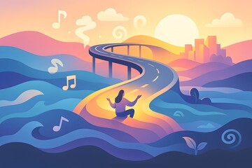 Sunrise road curving through pastel hills with meditating person and floating music notes, warm gradient light, calm wellness travel illustration for mindfulness content.