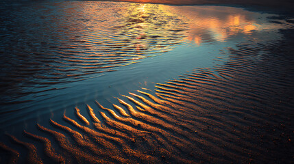 Sunset reflection over rippled sand at the beach creates a serene coastal landscape