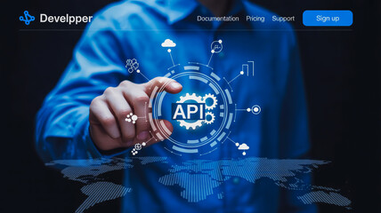 Developer interacting with a futuristic digital interface showcasing api technology and global connectivity