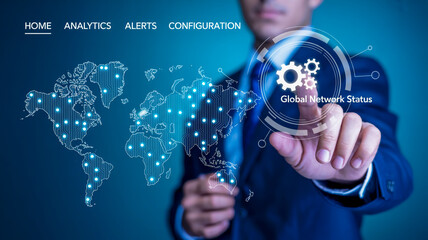 Businessman interacting with a futuristic digital interface displaying a global network and gears symbolizing data analytics and business solutions