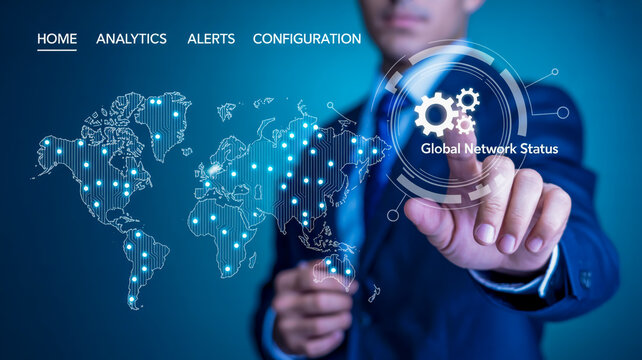 Businessman interacting with a futuristic digital interface displaying a global network and gears symbolizing data analytics and business solutions