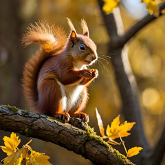Red Squirrel Eating Nut on Autumn Tree Branch