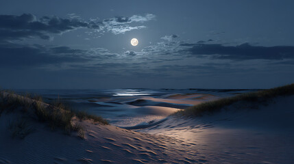 Stunning moonlit beach landscape at night with gentle waves and soft sand dunes